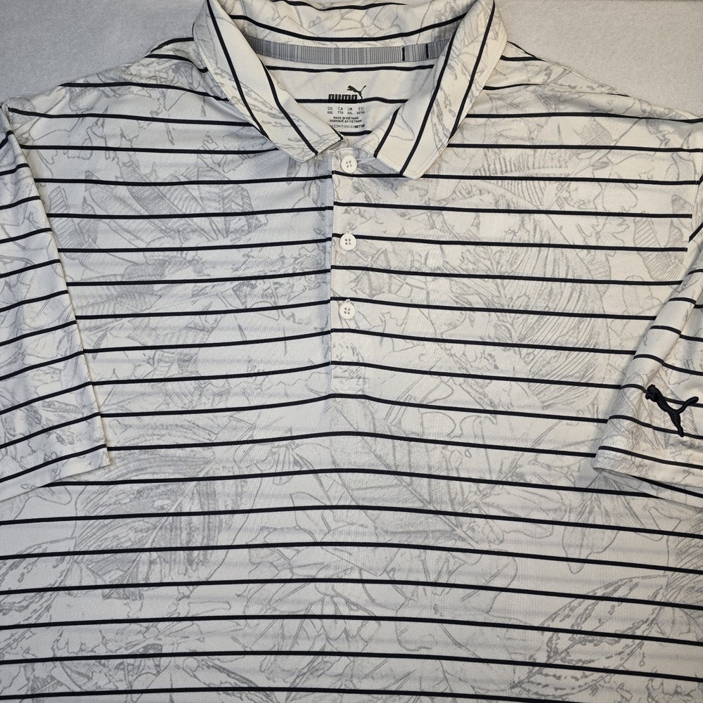 Puma Golf‎ MATTR Men's 2XL Polo Shirt White Black Striped Tropical Leaf Floral